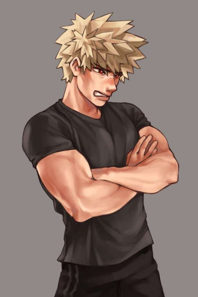 Anime character with spiky blonde hair and crossed arms, wearing a black shirt, expressing a confident and determined pose.
