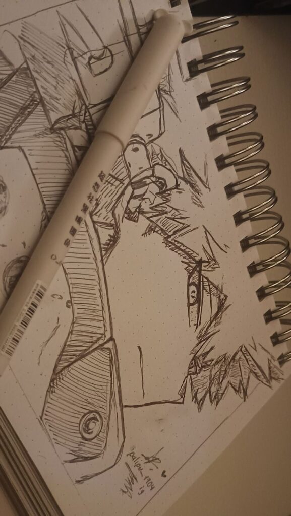 Ink drawing of an anime character on sketchbook paper, with pen details. Spiral-bound notebook adds an artistic touch.