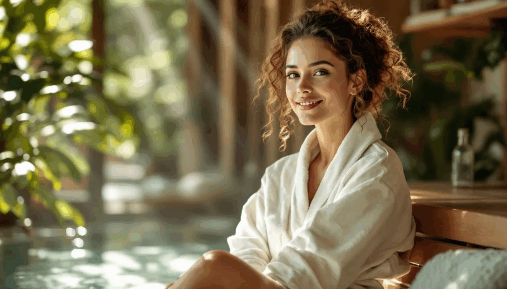 Woman in a spa robe sitting by an indoor pool, smiling and enjoying a peaceful, relaxing atmosphere surrounded by lush greenery.