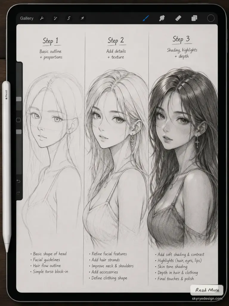 anime-pretty-woman Three-step female portrait drawing tutorial: sketch, add details, shading & highlights on tablet. | Sky Rye Design Three-step female portrait drawing tutorial: sketch, add details, shading & highlights on tablet.