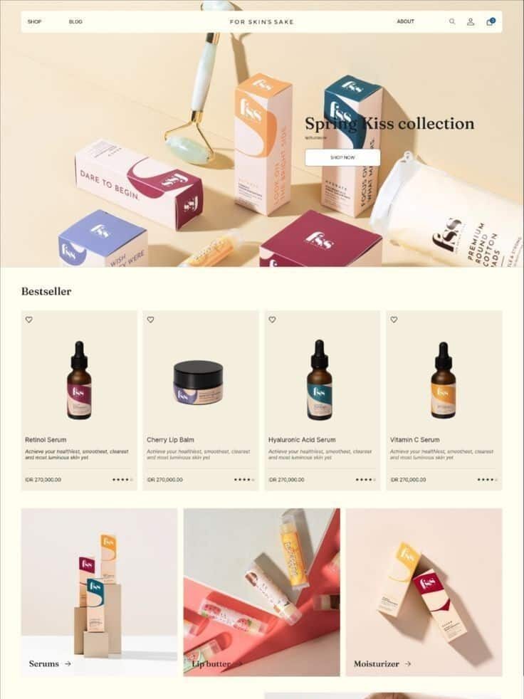 Spring Kiss skincare collection website showcasing bestsellers like serums, lip balm, and moisturizers, set against a pastel background.
