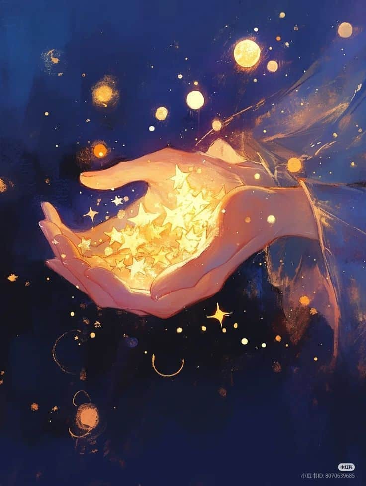 Illustrated hands holding glowing stars and orbs against a deep blue background, symbolizing magic and wonder.