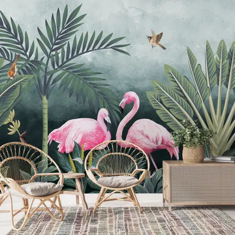 bh18805338_moc1 Tropical-themed room with pink flamingo mural, lush greenery, wicker chairs, and a potted plant for a vibrant ambiance. | Sky Rye Design Tropical-themed room with pink flamingo mural, lush greenery, wicker chairs, and a potted plant for a vibrant ambiance.