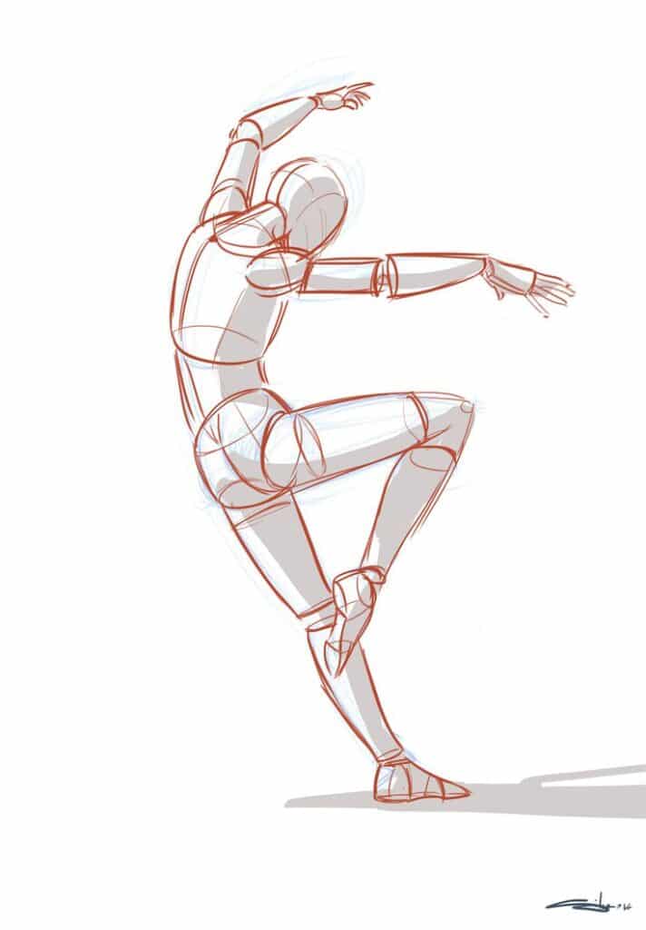 Dynamic sketch of a human figure in a graceful dance pose, demonstrating balance and movement, with detailed anatomy lines.