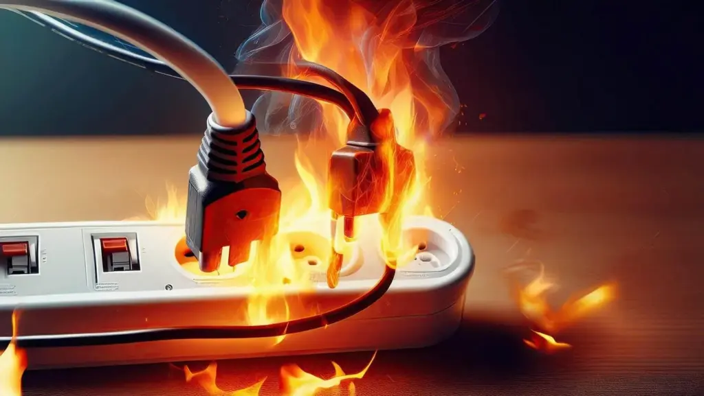 Power strip on fire due to overheating plugs, highlighting electrical safety hazards.