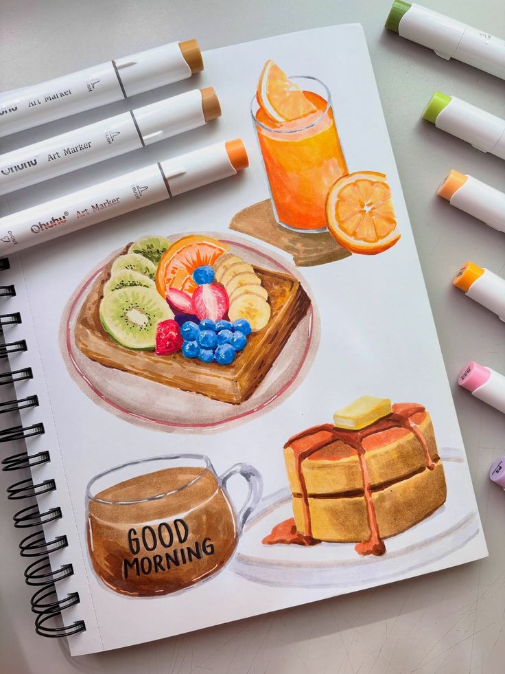 Colorful breakfast illustration with pancakes, waffles, fresh juice, coffee, and markers on sketchbook.