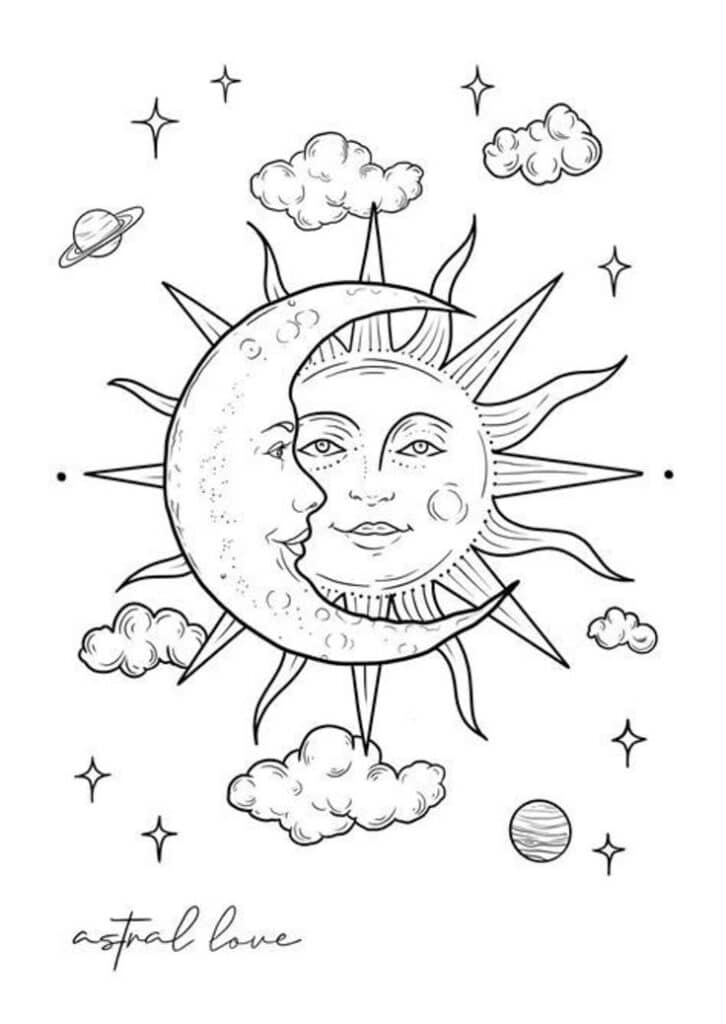 Illustration of sun and moon with faces surrounded by stars, clouds, and planets, titled astral love.