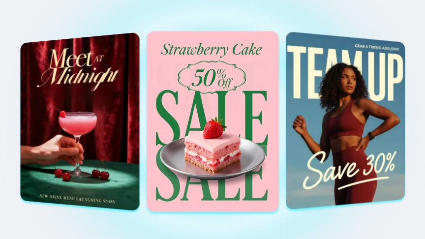 c098f7ab3c43e00a5b496aa4552bb71e Colorful collage of drink launch, strawberry cake sale, and fitness promo with 30% off. Eye-catching offers for treats and fitness. | Sky Rye Design Colorful collage of drink launch, strawberry cake sale, and fitness promo with 30% off. Eye-catching offers for treats and fitness.