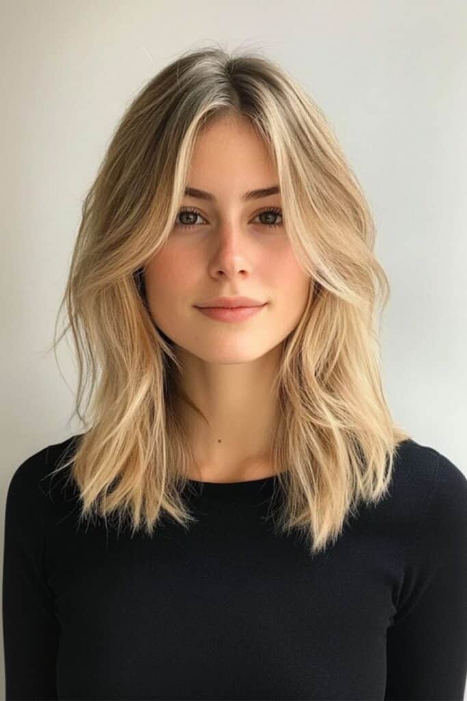Portrait of a woman with shoulder-length blonde hair and a black top, facing the camera against a white background.