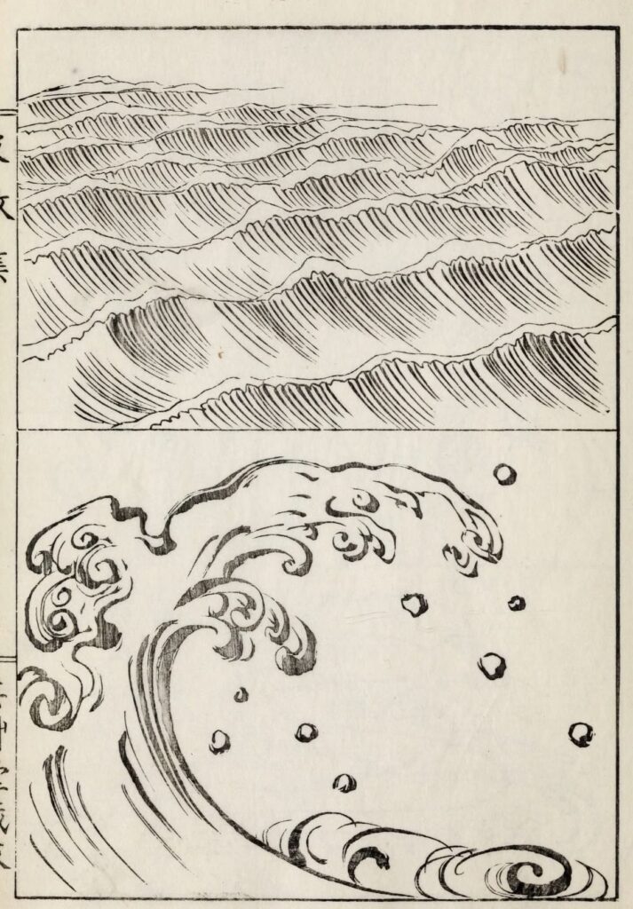 Black and white Japanese-style illustration of ocean waves, showcasing intricate swirling patterns and dynamic movement in two panels.