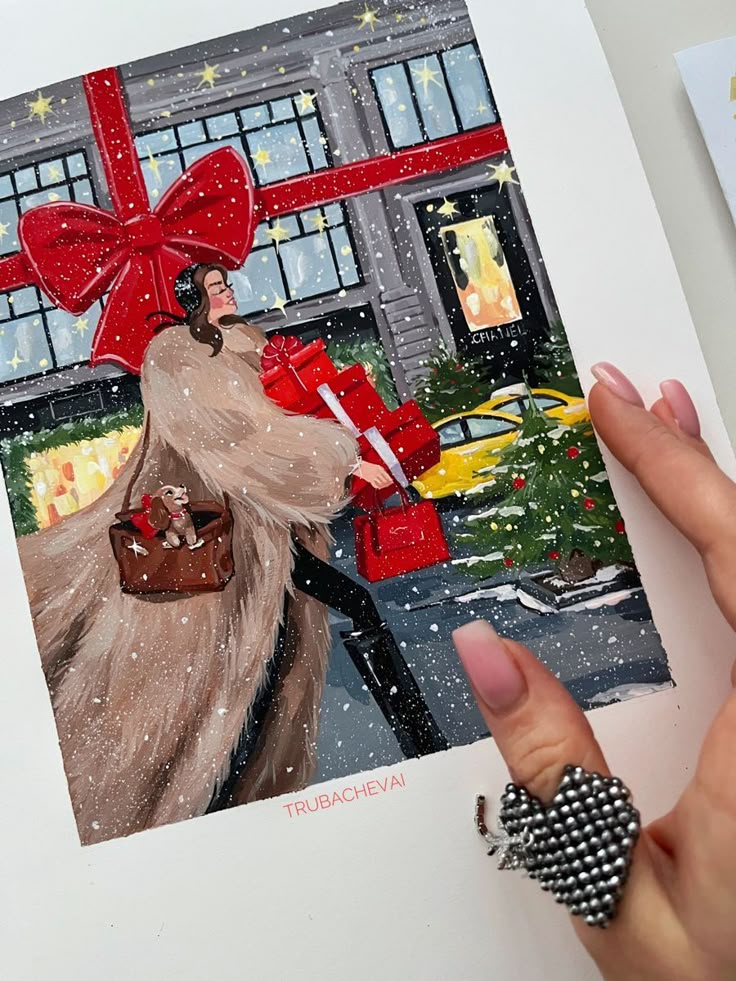 Stylish woman in winter coat holding gifts in snowy cityscape, festive atmosphere with giant red bow and decorated Christmas tree.
