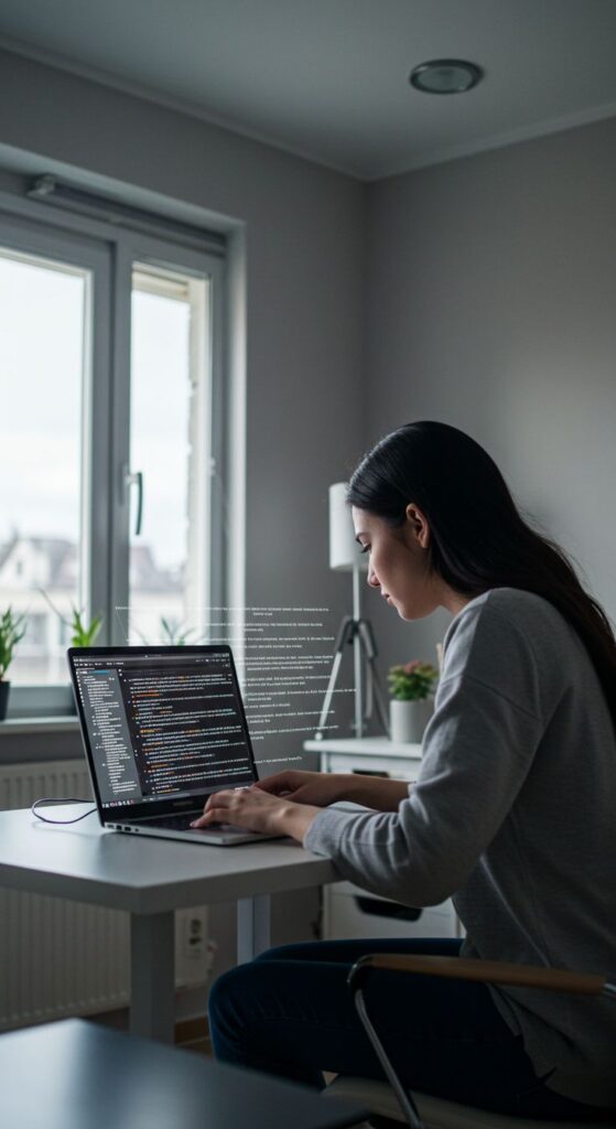 c16c0f50f64627eefdb57c94fb5eee04 Woman coding on a laptop at a desk in a modern home office with natural light, focusing on programming and tech projects. | Sky Rye Design Woman coding on a laptop at a desk in a modern home office with natural light, focusing on programming and tech projects.
