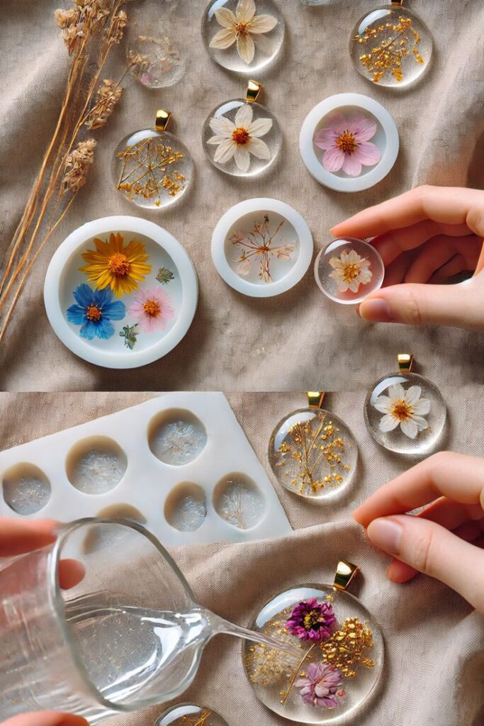 Hand arranging pressed flowers in resin molds for DIY crafts on fabric background.
