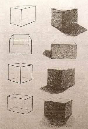 Step-by-step guide to shading a cube in pencil with varying shadow intensities, demonstrating light direction and depth techniques.
