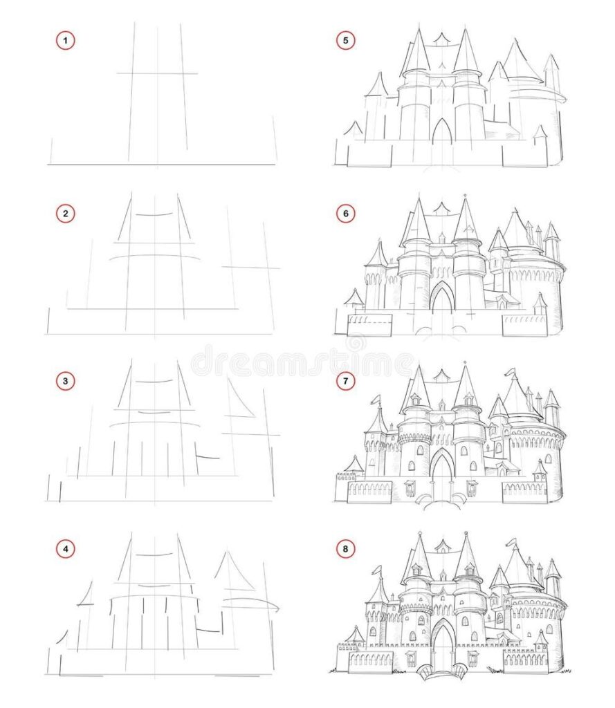 c5a19e80305886f88352b02eb40e47da Step-by-step guide to drawing a detailed castle, from basic outlines to intricate architectural features, perfect for artists and enthusiasts. | Sky Rye Design Step-by-step guide to drawing a detailed castle, from basic outlines to intricate architectural features, perfect for artists and enthusiasts.