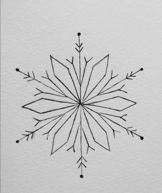 Minimalist hand-drawn snowflake design, featuring geometric lines and symmetrical patterns on a white background.