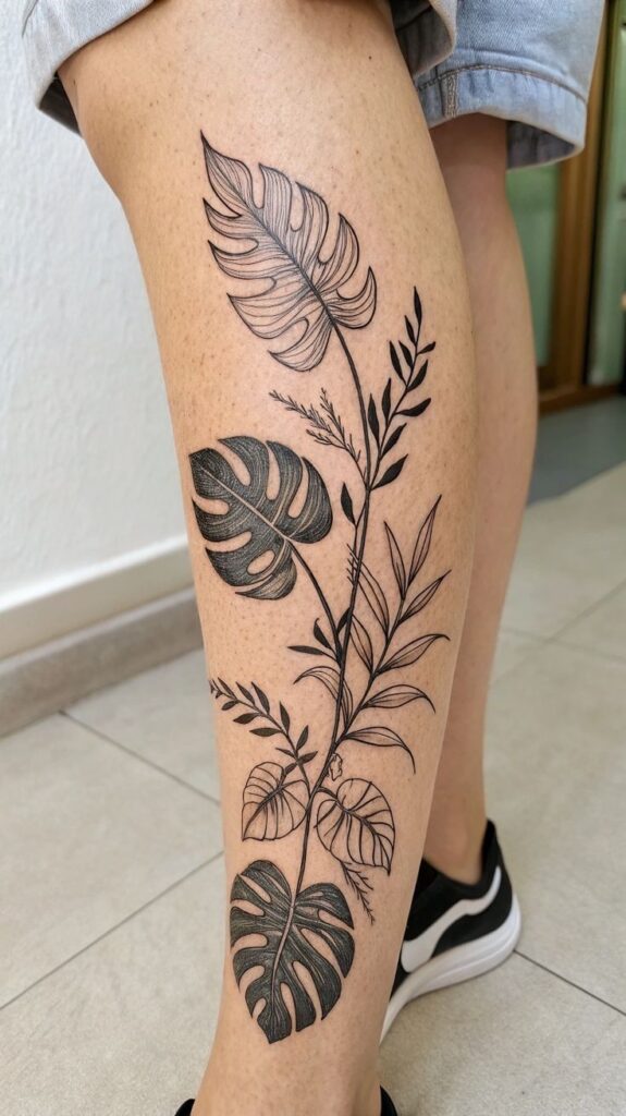 c72fe775ba5cbb7f1d06d5697218823a Black ink botanical tattoo on calf with Monstera and leaf designs. | Sky Rye Design Black ink botanical tattoo on calf with Monstera and leaf designs.