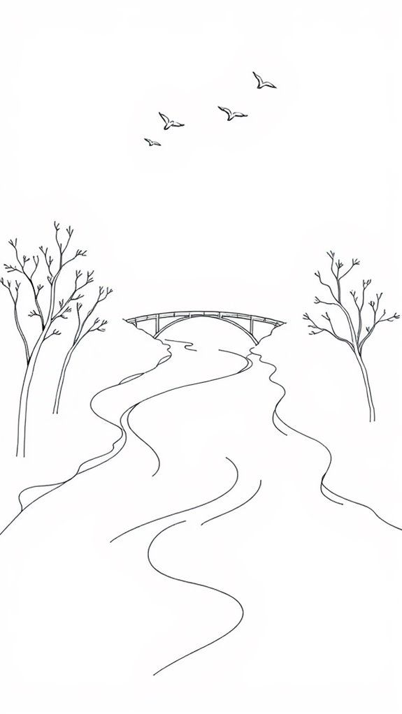 c7820eccbe595561d0cd636a83e89a02 Line art of a serene landscape with a distant bridge, flowing river, bare trees, and flying birds against a clear sky. Minimalist nature scene. | Sky Rye Design Line art of a serene landscape with a distant bridge, flowing river, bare trees, and flying birds against a clear sky. Minimalist nature scene.
