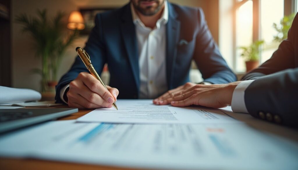 c7f686d3f97c301a1ef13d3d126845ff Man in suit signing documents at a desk, close-up, with laptop and paperwork in an office setting. | Sky Rye Design Man in suit signing documents at a desk, close-up, with laptop and paperwork in an office setting.