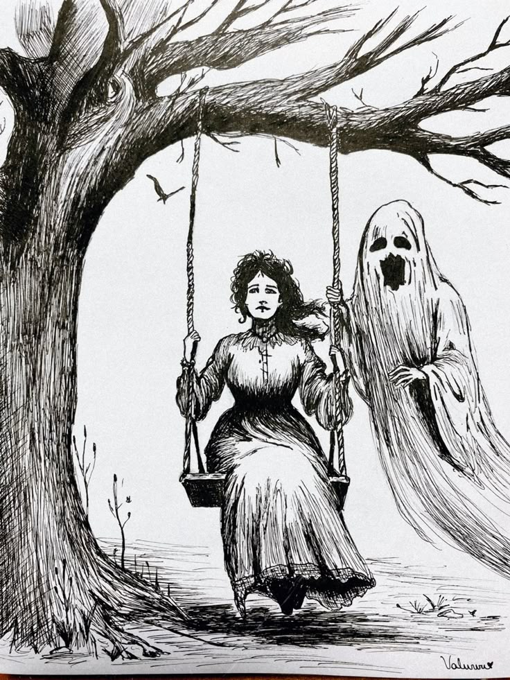 Victorian woman on a swing under a tree, accompanied by a ghostly figure, creating an eerie, vintage Gothic scene.