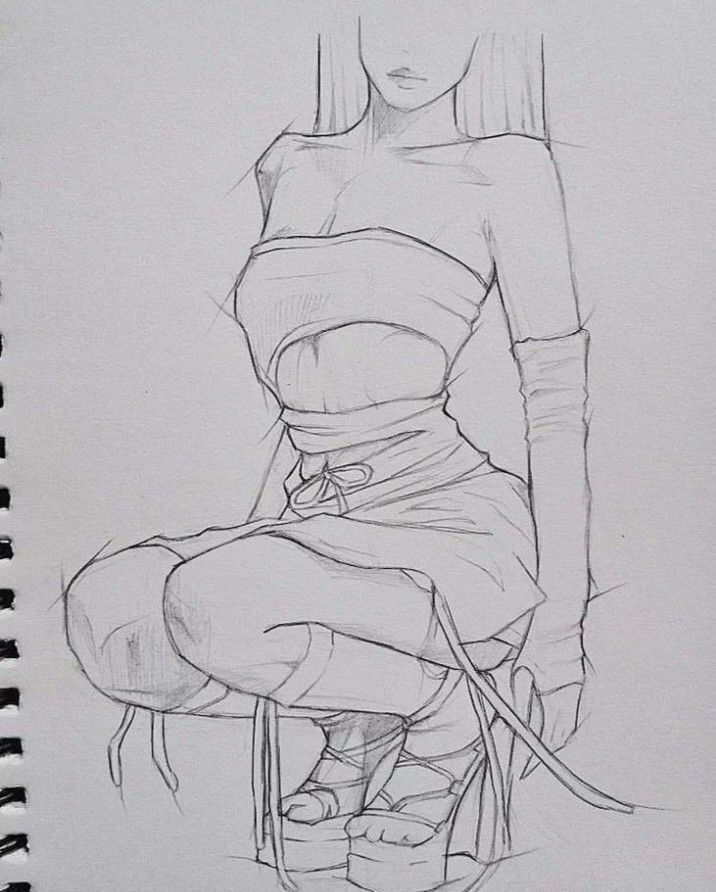 Sketch of a faceless woman squatting in a wrapped outfit with long gloves and platform shoes.