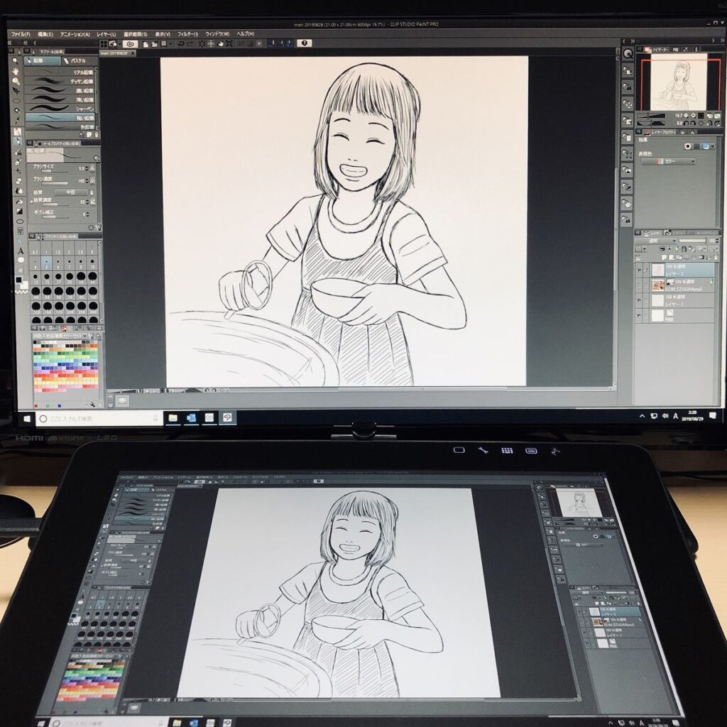 Digital art of a smiling girl cooking displayed on a monitor, created using illustration software.