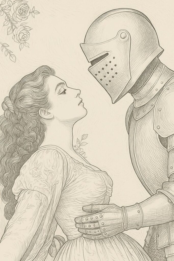 caballero y princesa Romantic illustration of a woman and a knight in armor embracing, capturing a tender connection between medieval characters. | Sky Rye Design Romantic illustration of a woman and a knight in armor embracing, capturing a tender connection between medieval characters.