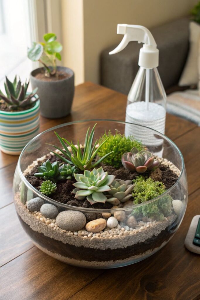 Glass terrarium with diverse succulents and stones on a wooden table, next to a spray bottle for plant care.