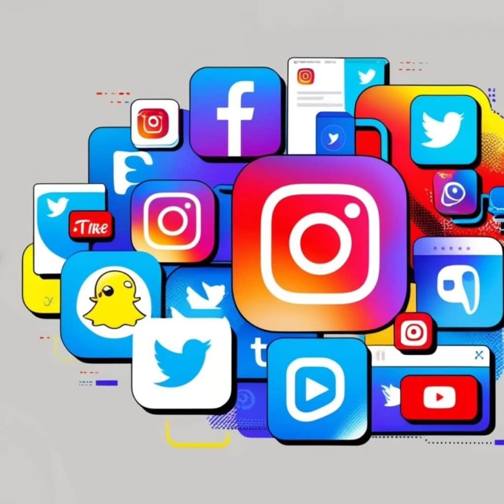 Social Media Icons Collage Collage of social media icons, featuring Instagram, Facebook, Twitter, and more, on a vibrant background. | Sky Rye Design Collage of social media icons, featuring Instagram, Facebook, Twitter, and more, on a vibrant background.