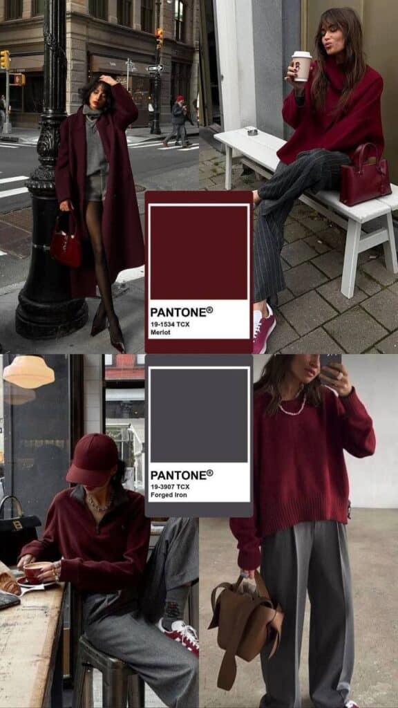 Fashionable outfits in Merlot and Forged Iron colors, featuring coats, sweaters, and accessories for a stylish urban look.