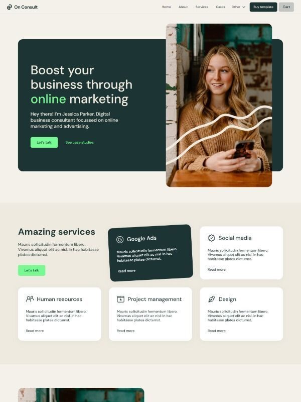 Website homepage for online marketing consulting service, showcasing services like Google Ads, social media, and project management.