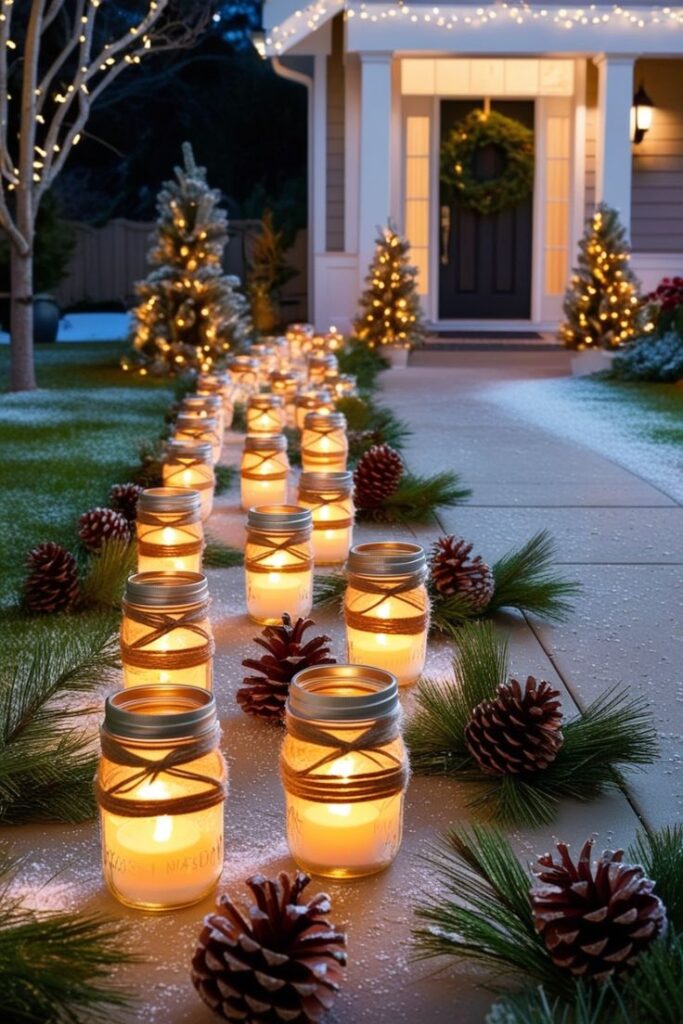 cf13017262efd9c72f938a8ddfa03251 Christmas walkway adorned with glowing jar lanterns, pinecones, and festive greenery leading to a warmly lit entrance. | Sky Rye Design Christmas walkway adorned with glowing jar lanterns, pinecones, and festive greenery leading to a warmly lit entrance.