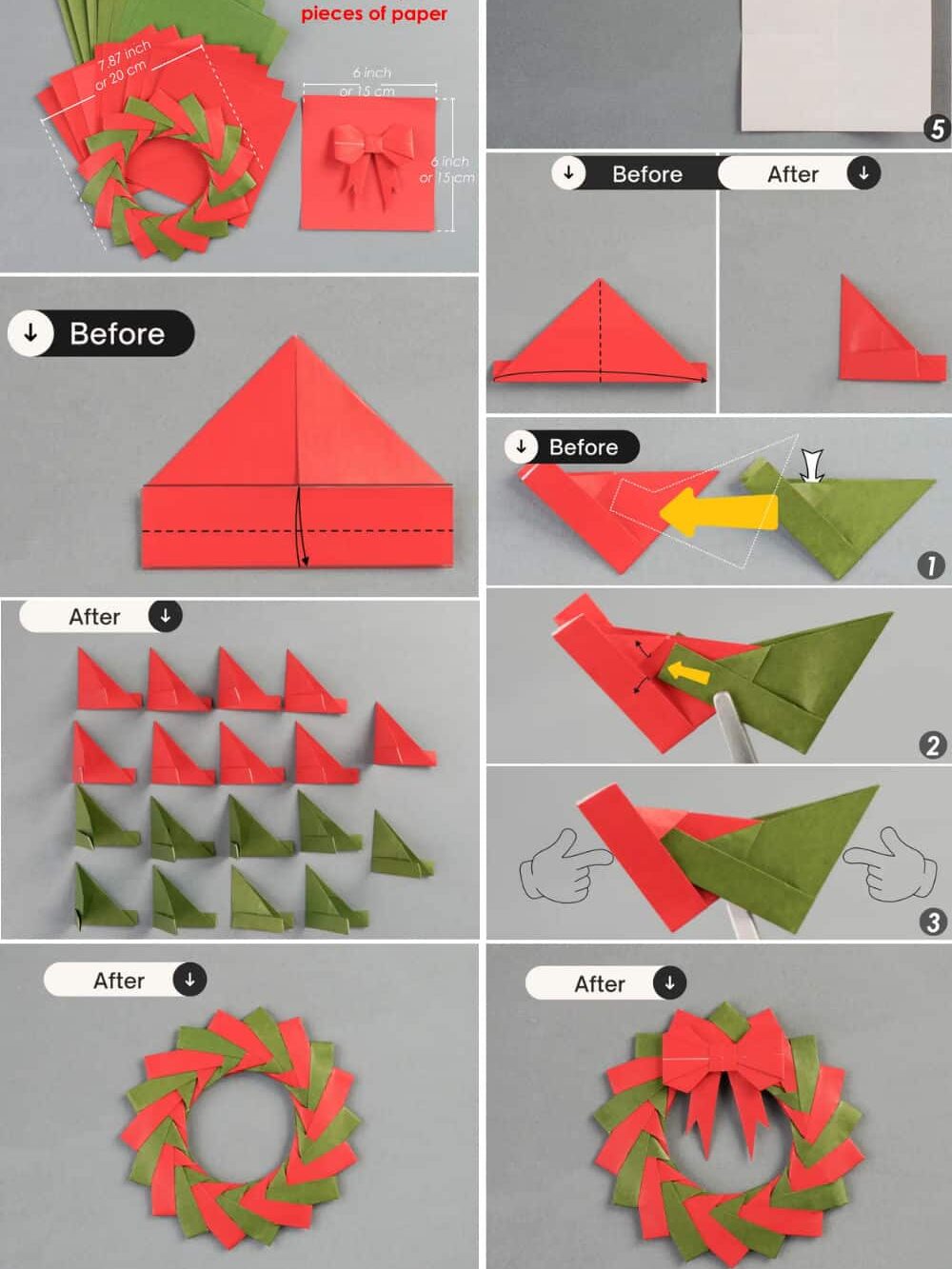 Step-by-step guide on crafting an origami Christmas wreath with red and green paper, featuring instructions and finished design.