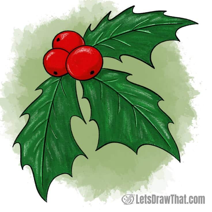 Illustration of holly leaves and red berries on a green background, symbolizing festive Christmas decoration.