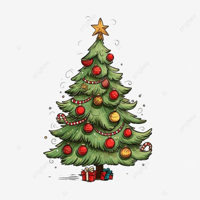 Decorative Christmas tree with ornaments and star, surrounded by gifts. Ideal festive celebration image.