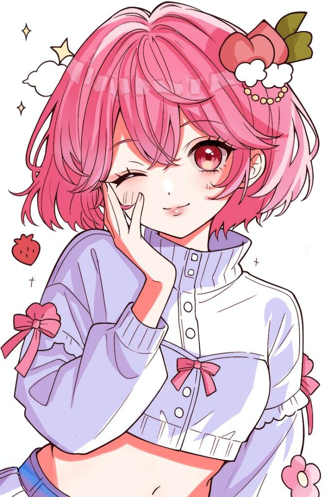 Anime girl with pink hair winking, wearing a cute bow-adorned outfit and strawberry hair accessory, pastel colors.