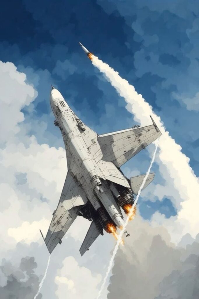 Fighter jet soaring through the sky with missiles launching, leaving trails in the clouds, under a bright blue sky.