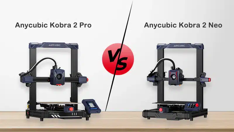 Comparison of Anycubic Kobra 2 Pro and Kobra 2 Neo 3D printers, highlighting design differences, with a VS symbol.