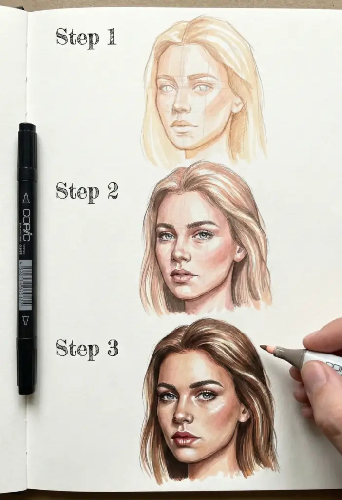 Progression of a female portrait drawing in three steps, from sketch to detailed illustration, using Copic markers.