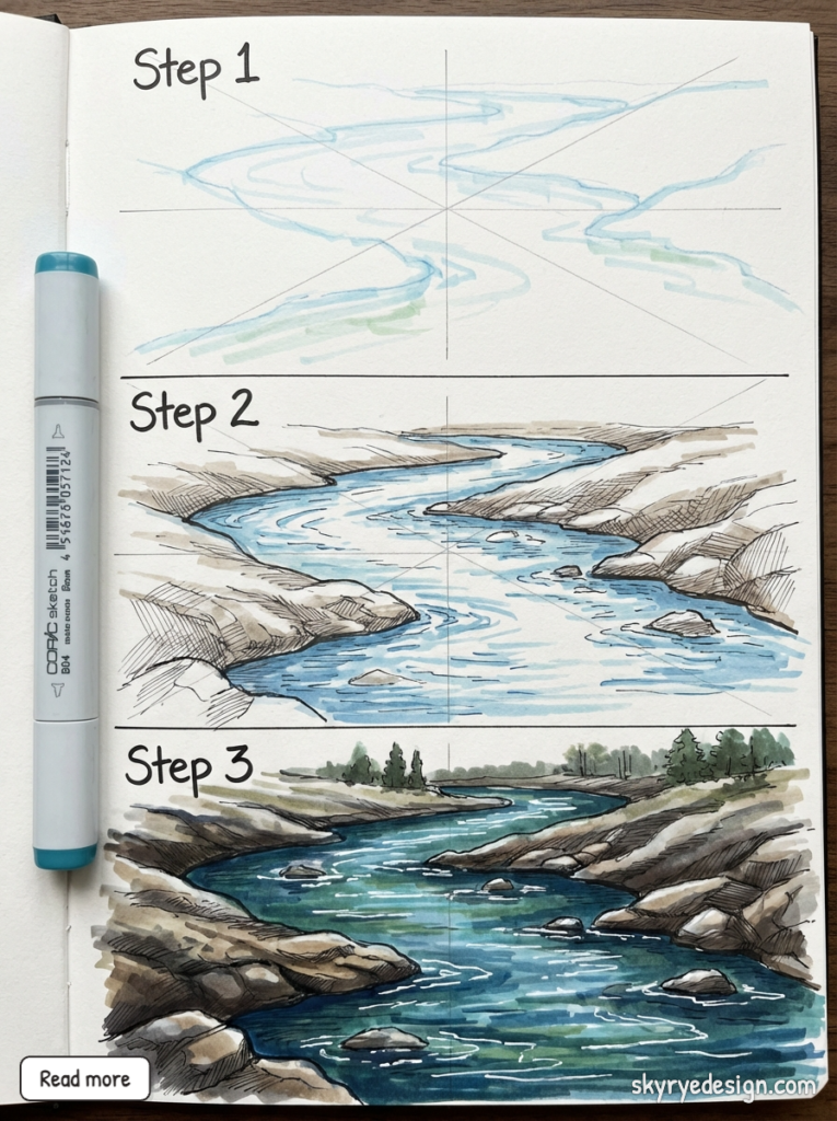 Sketchbook step-by-step tutorial showing three stages of a river landscape drawing with markers and ink, featuring rocks, flowing water, and trees.