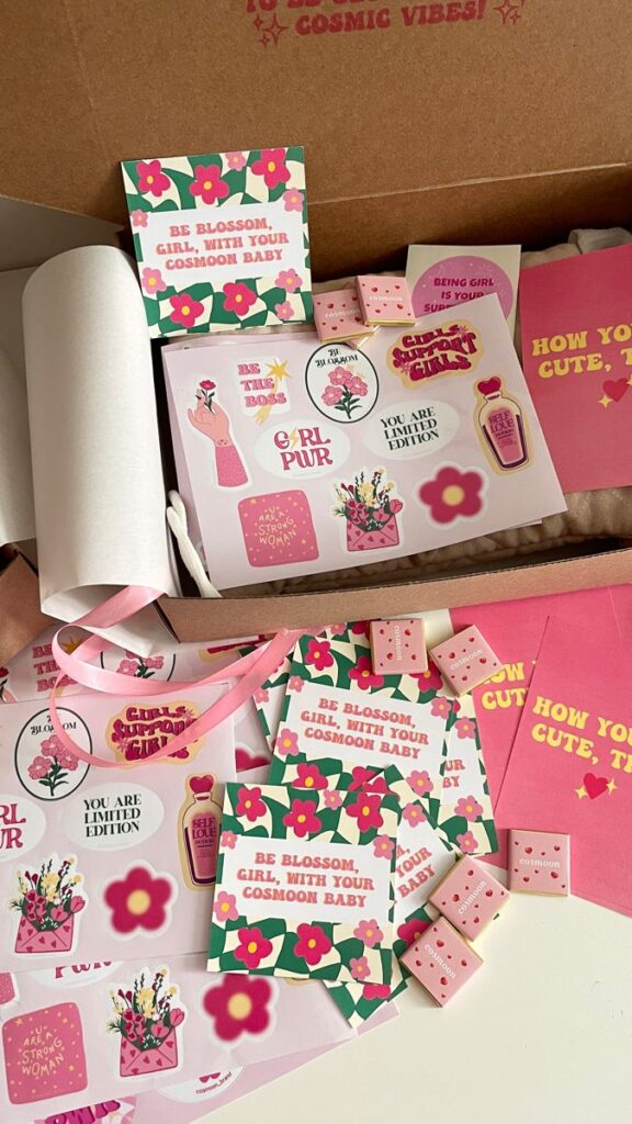 cosmoon_brand beauty bags Colorful stickers and cards with empowering messages and floral designs in a box. Perfect for inspirational decor or gifts. | Sky Rye Design Colorful stickers and cards with empowering messages and floral designs in a box. Perfect for inspirational decor or gifts.