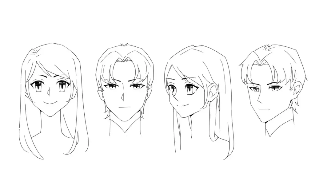 Anime-style sketches of male and female characters with detailed facial features. Front and side views shown. Minimalist line art illustration.