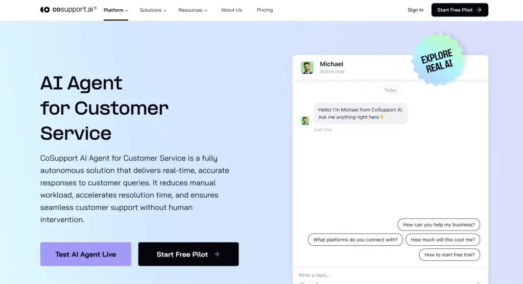 Screenshot 2026-07-22 at 175110 CoSupport AI webpage: AI customer service agent demo with live chat widget and CTAs for testing and free pilot | Sky Rye Design CoSupport AI webpage: AI customer service agent demo with live chat widget and CTAs for testing and free pilot