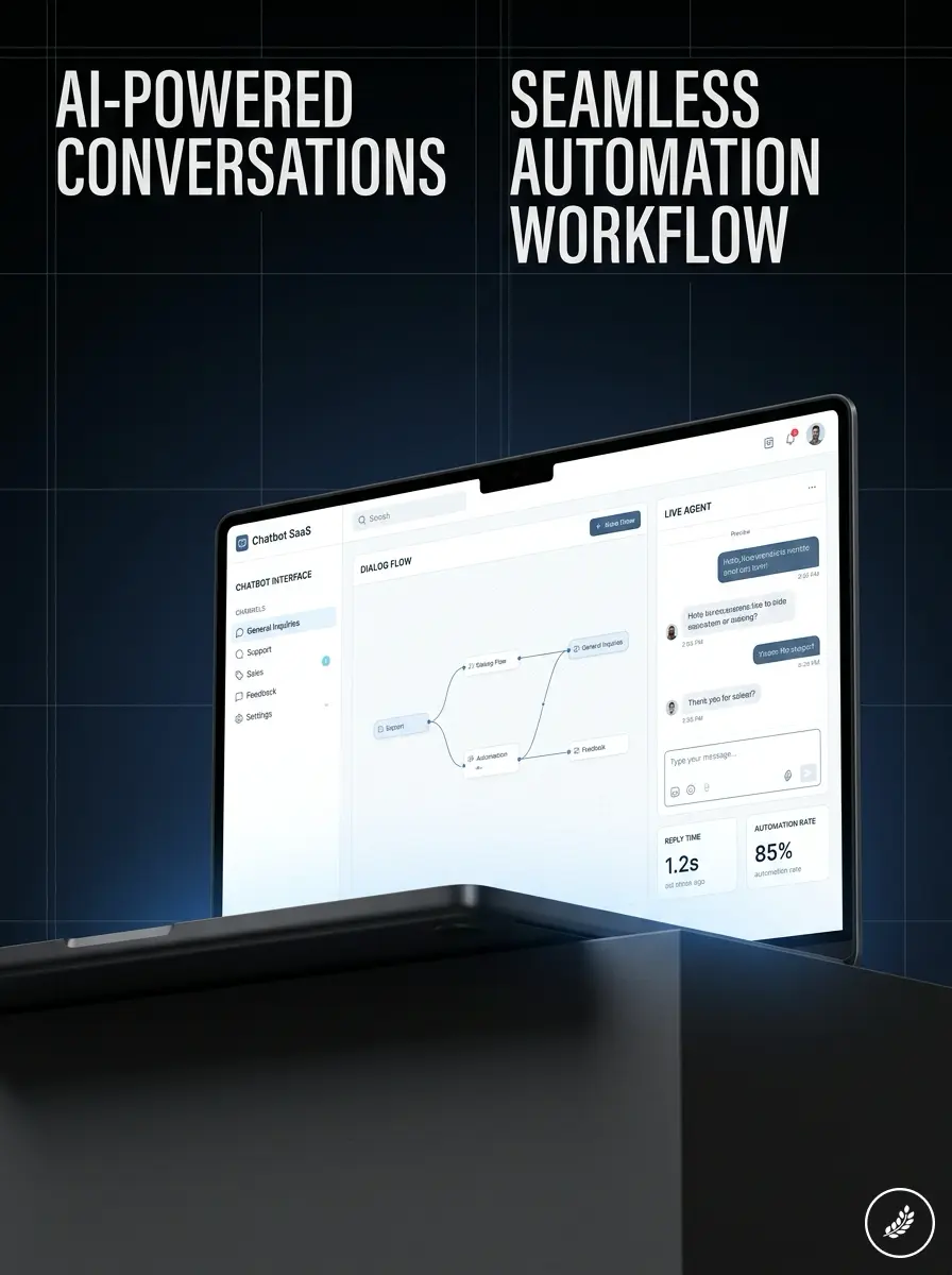 Laptop_displaying_chatbot_interface_202607221801 Laptop displaying AI-powered chatbot SaaS dashboard with dialog flow builder, automation workflow and reply metrics. | Sky Rye Design Laptop displaying AI-powered chatbot SaaS dashboard with dialog flow builder, automation workflow and reply metrics.