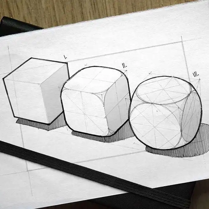 Pencil sketch of three geometric shapes: a cube, rounded cube, and sphere, illustrating artistic shading techniques on white paper.