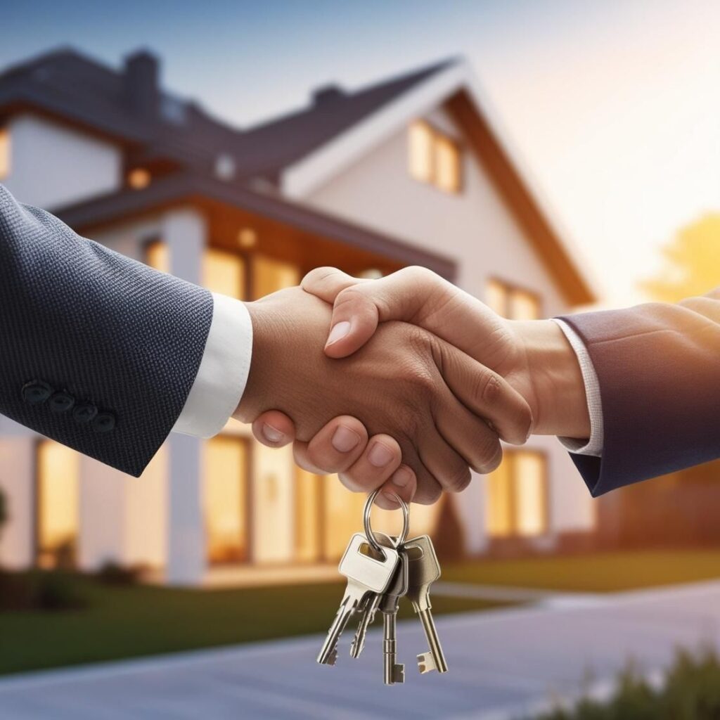 d2376e0164064e8f7b28e1f98187748f Handshake between two people holding house keys, symbolizing successful real estate deal in front of a modern home at sunset. | Sky Rye Design Handshake between two people holding house keys, symbolizing successful real estate deal in front of a modern home at sunset.