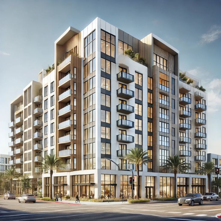 Modern urban apartment building with balconies, large windows, and palm trees on a busy city street corner under a clear sky.