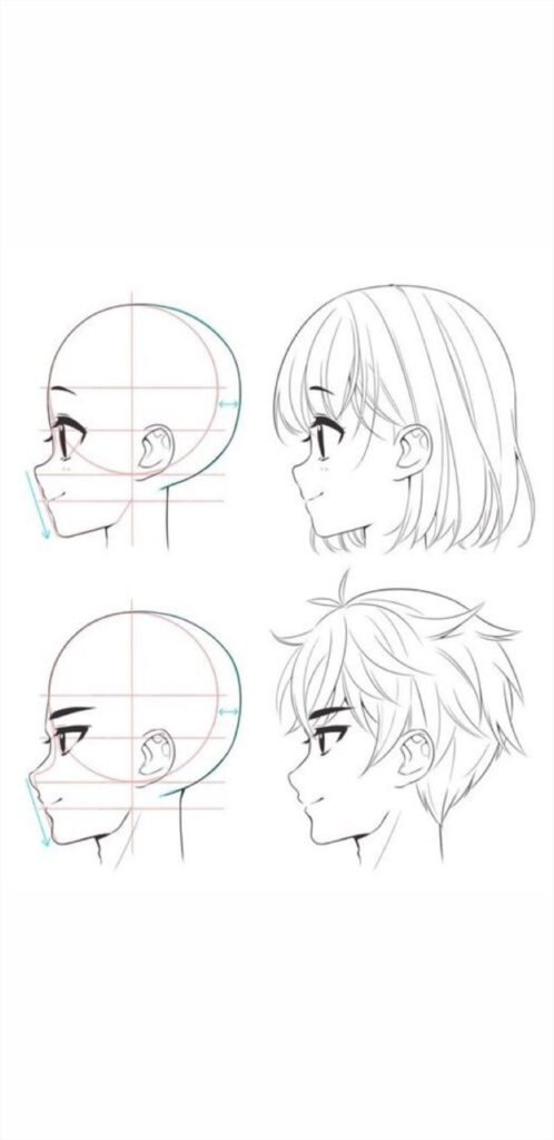 Side view anime head drawing tutorial for girls and boys, showcasing construction lines for accurate proportions and facial features.