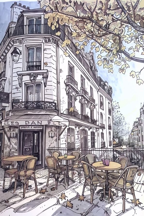 d3e648fe-b6da-456d-87be-ed663f8b7b3d Charming Parisian café scene with outdoor seating, set against a historic building under autumn trees, capturing a cozy European ambiance. | Sky Rye Design Charming Parisian café scene with outdoor seating, set against a historic building under autumn trees, capturing a cozy European ambiance.