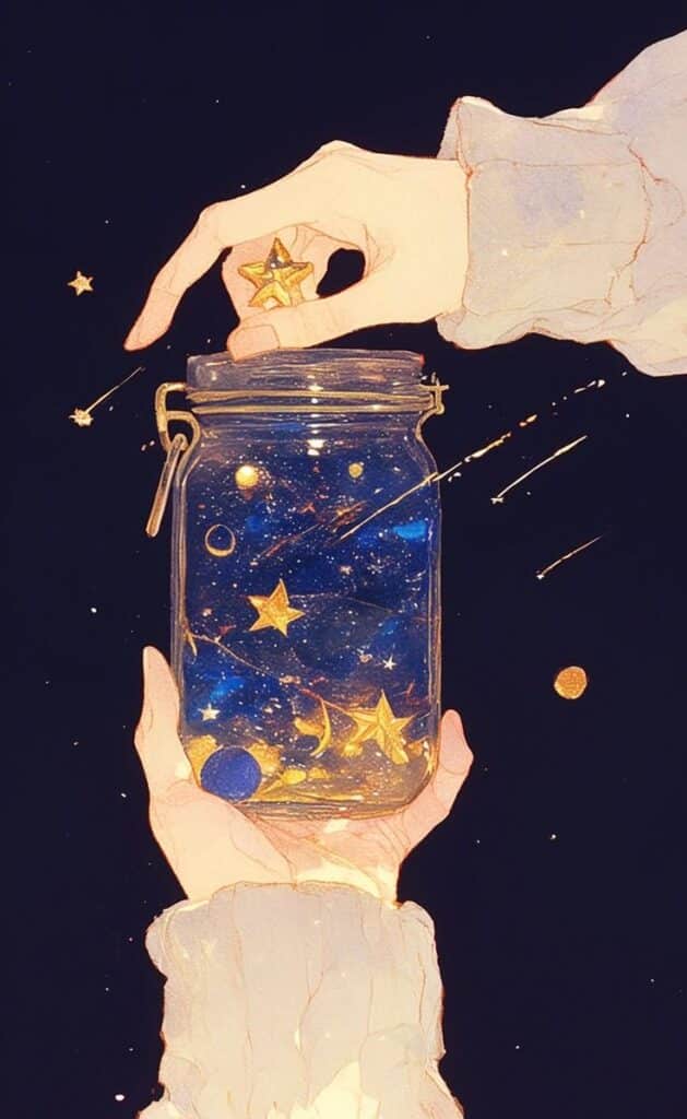 Hands holding a jar containing stars and celestial objects, symbolizing imagination and creativity in a magical, starry night setting.